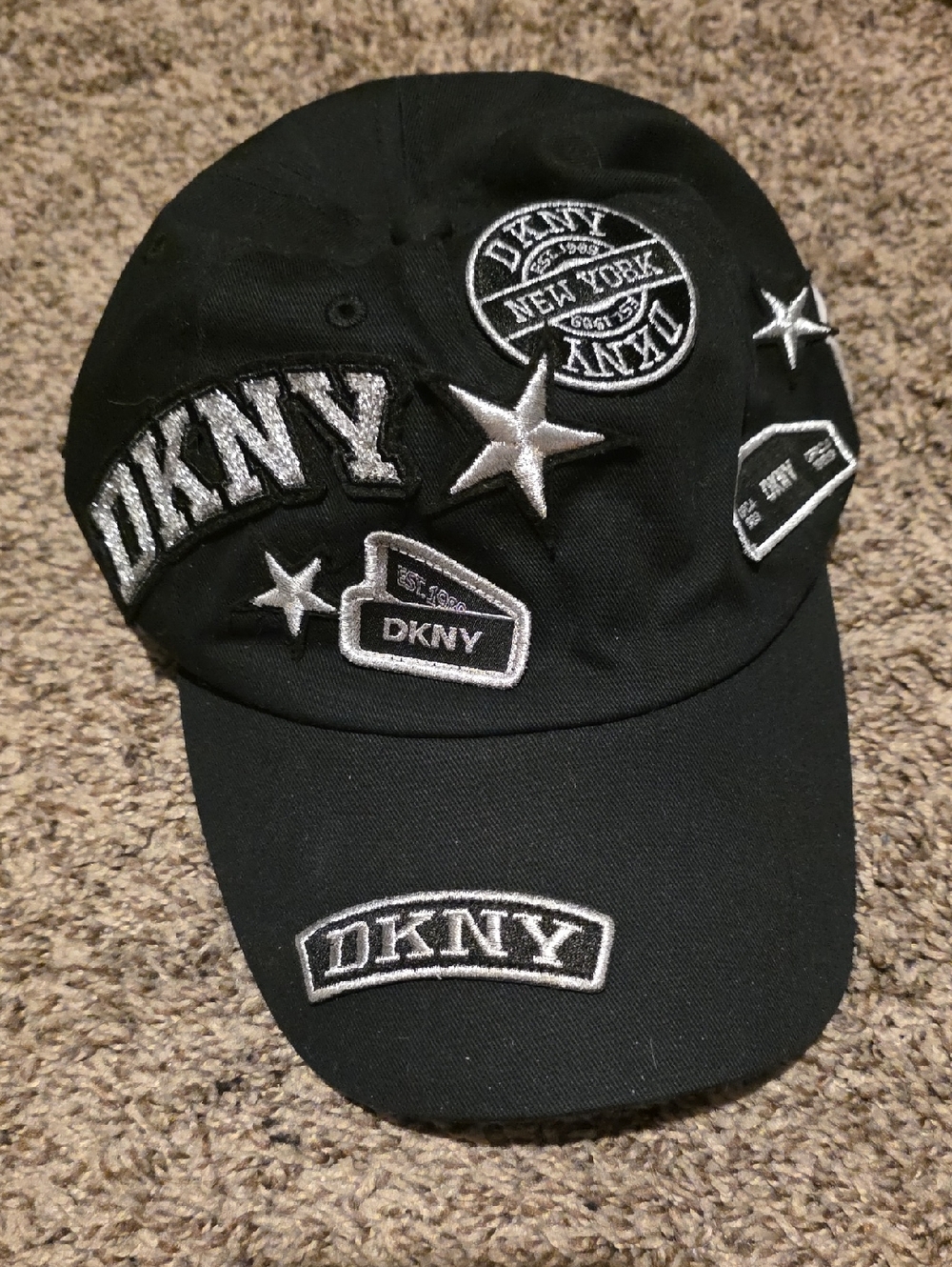 DKNY Black Baseball Cap with Silver Embroidered Patches